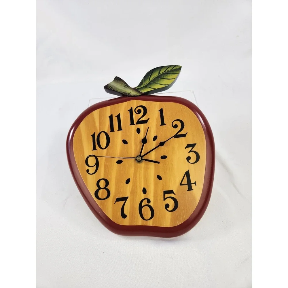 Vintage Wooden Apple Wall Clock 1990s Retro Kitchen Farmhouse Cottagecore Decor